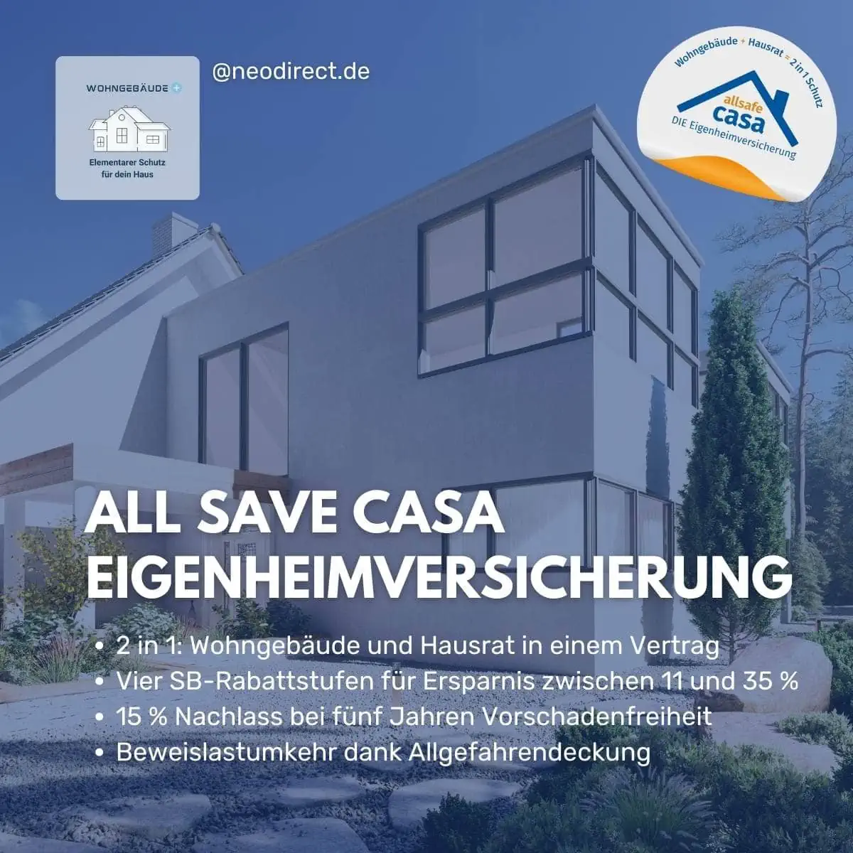 Wohngebäudeversicherung @neodirect.de Modernes Einfamilienhaus zur Darstellung der All Risk Deckung 